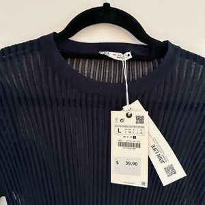 Zara Navy Blue Sheer Long Sleeve Top